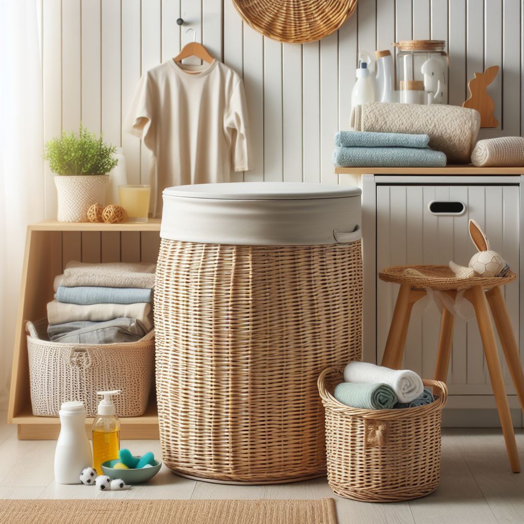 A stylish laundry hamper with a separation basket and a lid. The hamper features a sleek design with divided compartments for organizing clothes. The lid keeps the contents concealed, adding a neat and tidy look to any laundry room. The basket is made of durable materials and has handles for easy carrying.