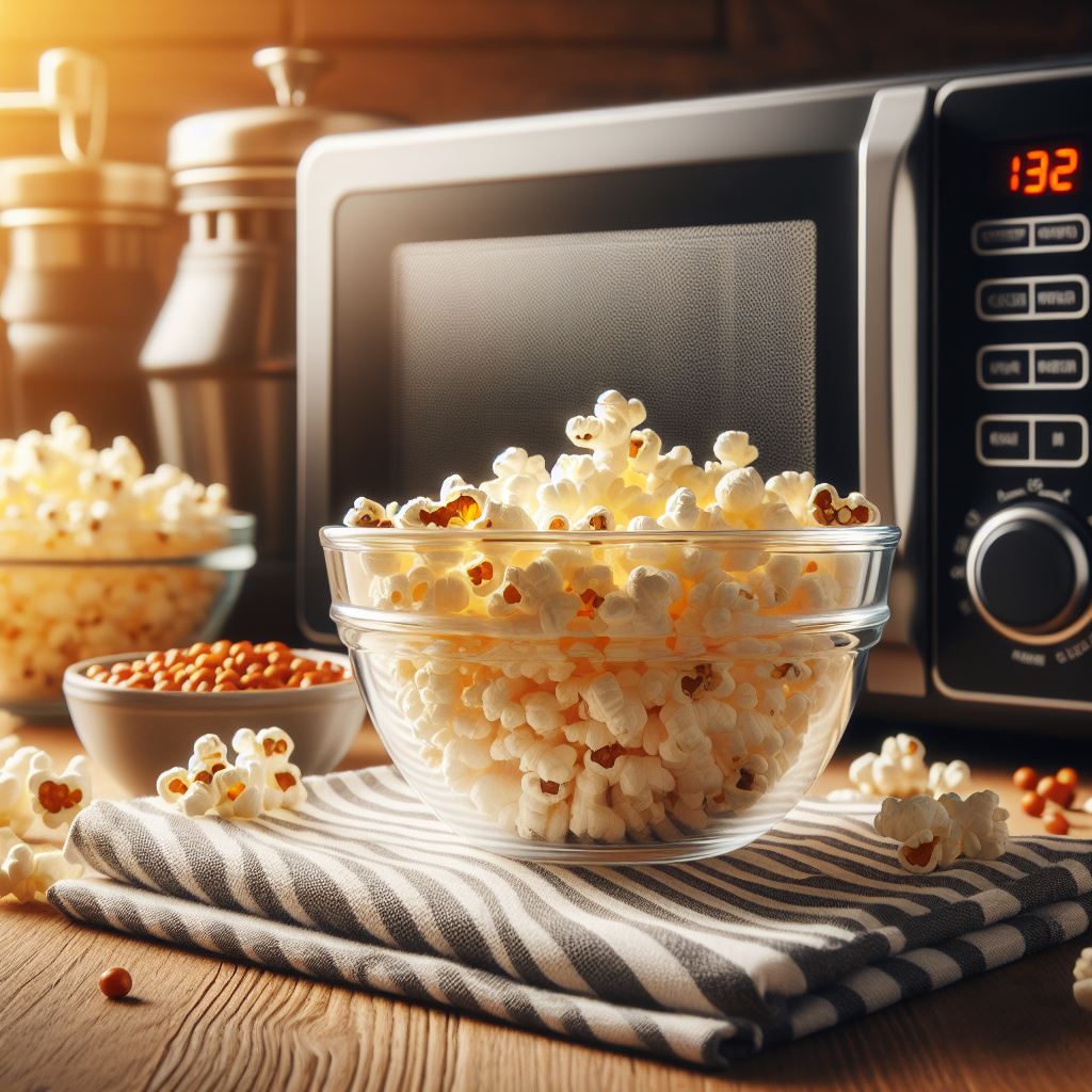 An image of a microwave popcorn popper made of temperature-safe glass. The popper has a clear glass body with a wide, round shape, and a handle for easy lifting. The lid is designed to allow steam to escape while keeping the kernels inside. There are also some freshly popped popcorn pieces visible inside the popper, demonstrating its use. The background is a clean, white surface, highlighting the popper's design and functionality.