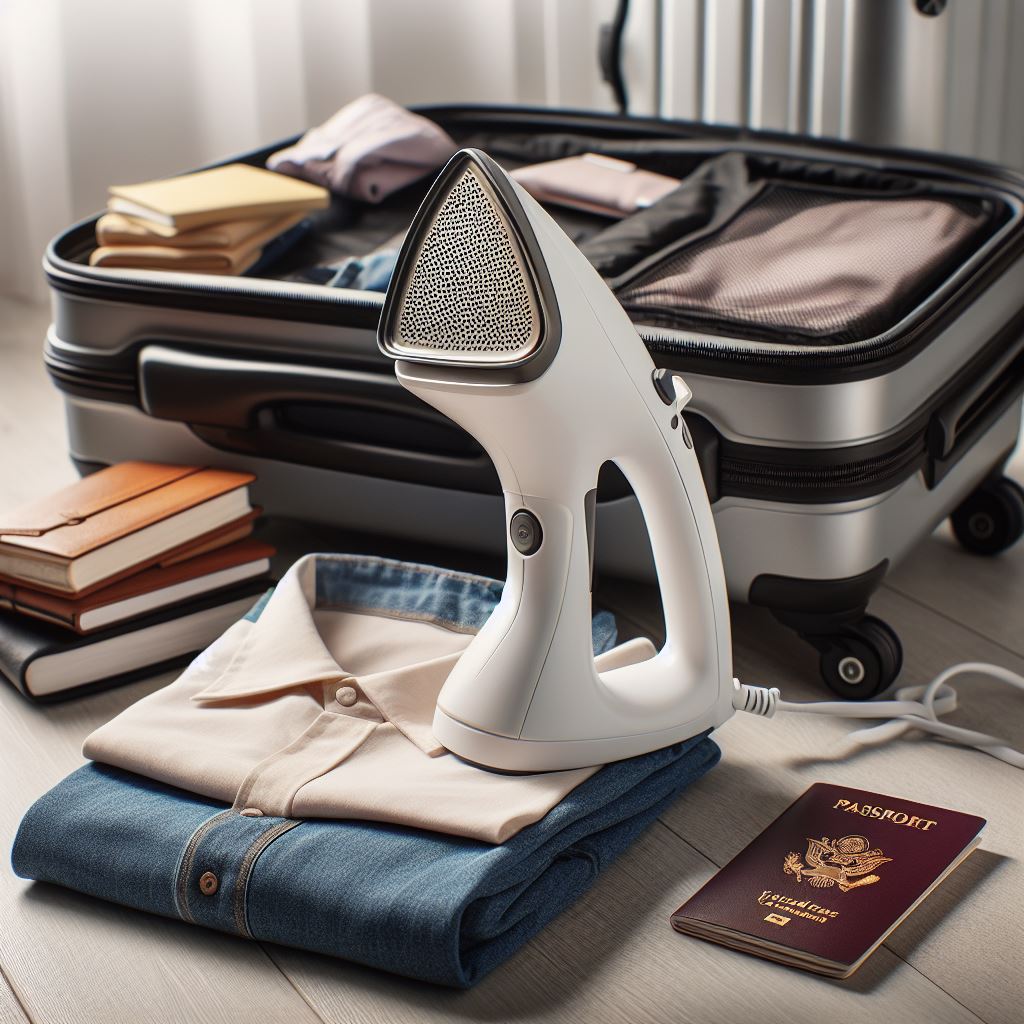 A compact travel steam iron with a sleek design, perfect for quick and easy ironing on the go. Ideal for travel and small spaces.