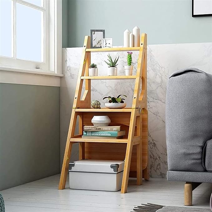 A multi-functional convertible folding ladder chair made of sturdy wood is shown in both its configurations. In the first configuration, the chair is set up as a standard chair with a backrest and seat. In the second configuration, the chair is transformed into a small step ladder, with the seat and backrest sections rearranged to create steps. The wood has a polished finish, giving the chair a sleek and versatile appearance.