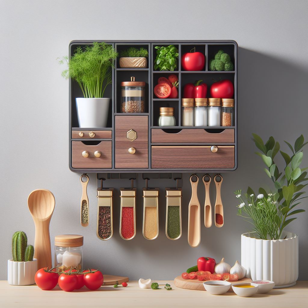 A sleek, multi-functional wall-mounted seasoning box set is shown, featuring a modern, space-saving design. The set includes several transparent containers with white lids, neatly arranged on a wall-mounted rack. Each container is filled with different spices, easily identifiable through the clear material. The set also includes a built-in shelf for additional spice jars, a small spoon for scooping, and labels for organization. The minimalist design and efficient use of space make it an ideal kitchen accessory.