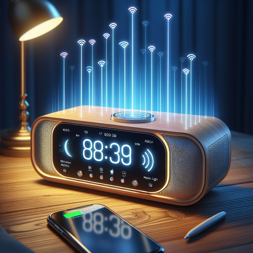 A sleek multifunctional digital alarm clock radio displaying time, with buttons for setting alarms, adjusting volume, and tuning radio stations.