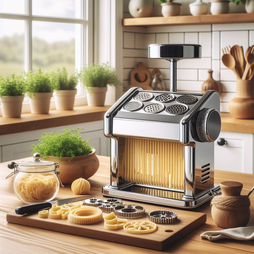 A close-up view of a sleek, modern pasta and noodle maker on a kitchen countertop. The machine has a stainless steel finish, with a digital control panel displaying various settings. Freshly made pasta strands are emerging from one of the machine's nozzles, and there are bowls of flour and eggs next to the machine, indicating the pasta-making process. The background shows a well-organized kitchen with clean surfaces and various cooking utensils.