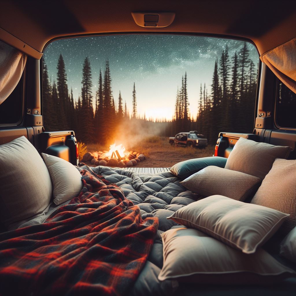 A pickup truck with its tailgate down shows a comfortable backseat bed setup. The bed is equipped with plush pillows, a cozy blanket, and a mattress that fits perfectly into the truck bed. The surrounding area includes scenic elements, suggesting a camping or outdoor adventure setting. The truck's interior looks spacious and inviting, ready for a restful sleep under the stars.