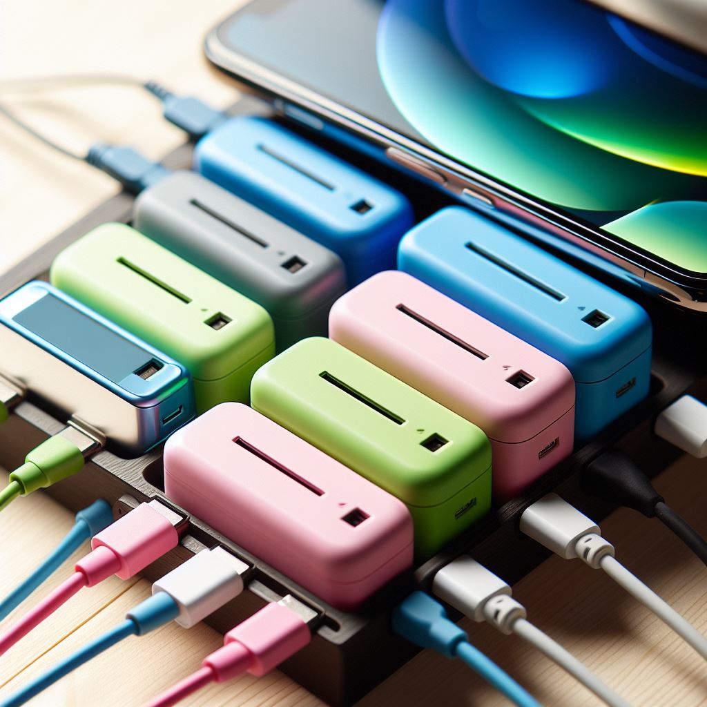 A compact charging station with multiple small portable chargers neatly arranged, each with LED indicators and USB ports.