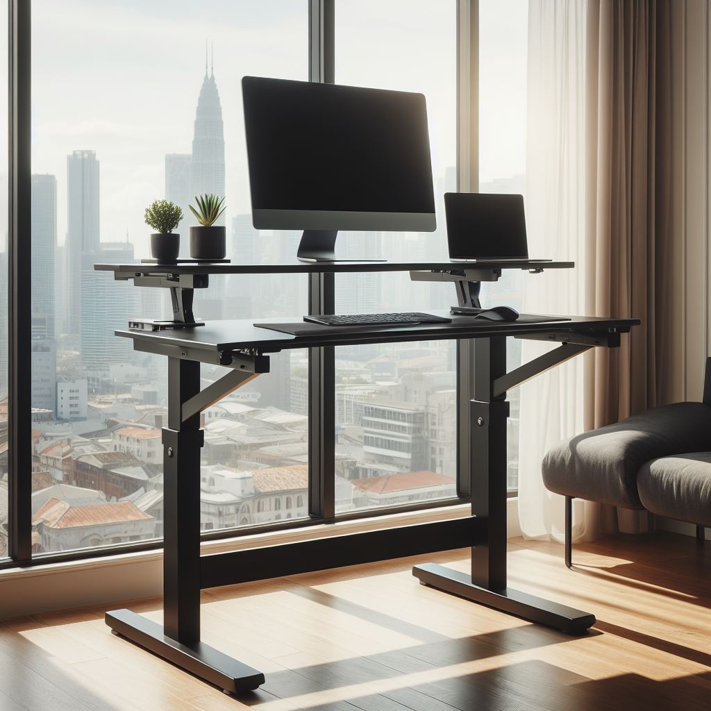 A modern standing desk converter with multiple tiers, holding a monitor, keyboard, and office supplies, placed on a wooden desk.