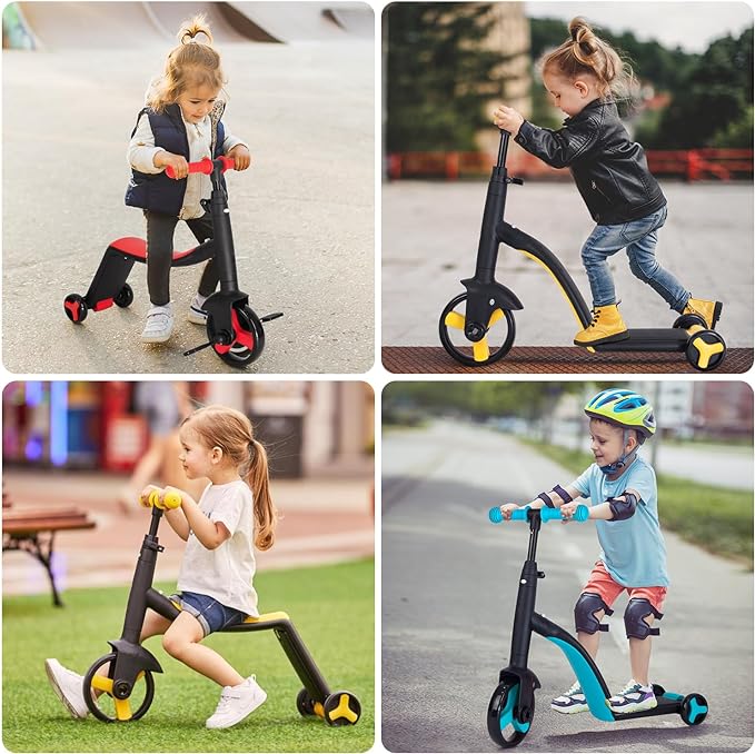 Colorful 3-in-1 kids' scooters with adjustable handles, three wheels, and detachable seats, designed for young children learning to ride.