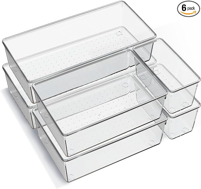 6 Pack Large Clear Plastic Drawer Organizer Trays