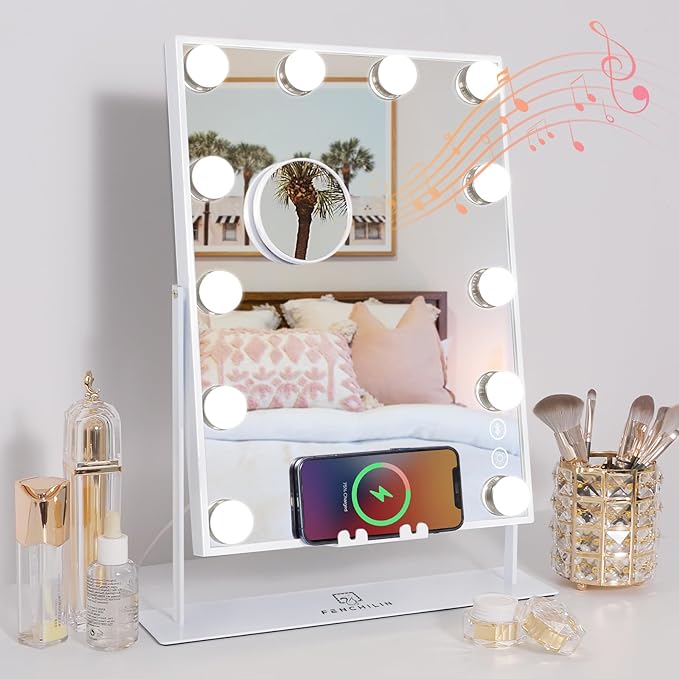 FENCHILIN White Vanity Mirror with Lights, Wireless Charger and Speaker