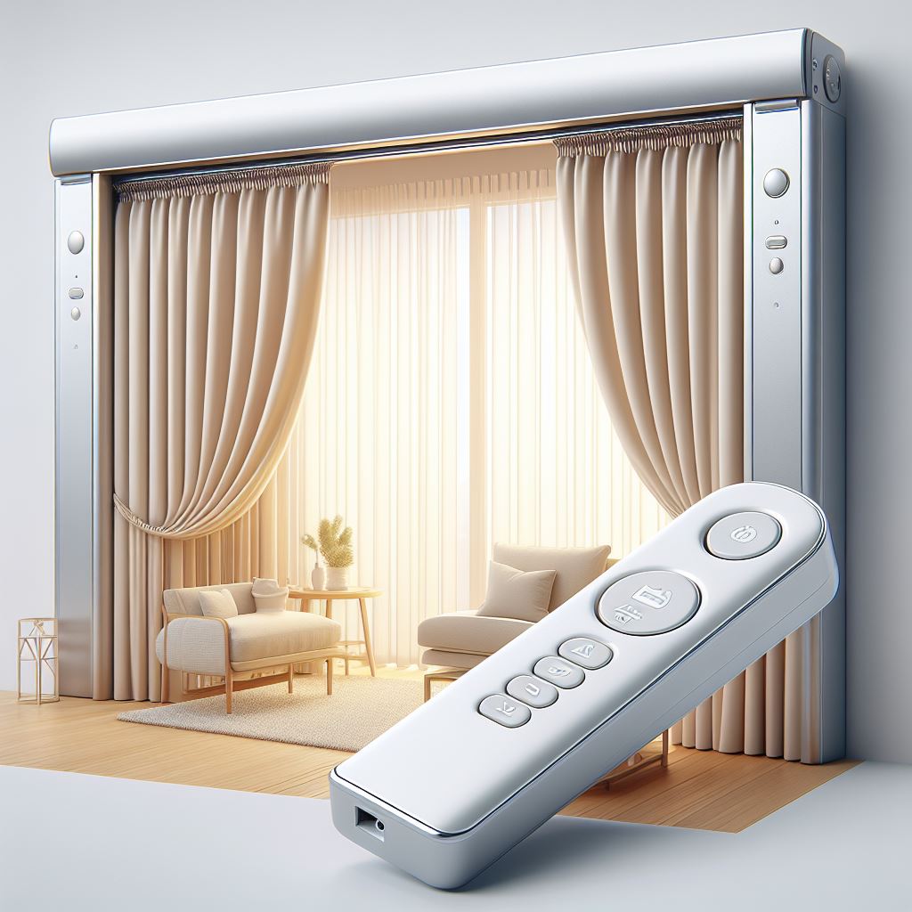 A modern automatic curtain opener with a sleek design, mounted above a window, showcasing remote and app control features.