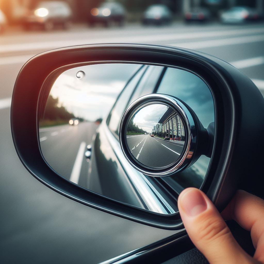 Close-up of a car side mirror with an attached round blind spot mirror, showing a wider view including the car's blind spots.