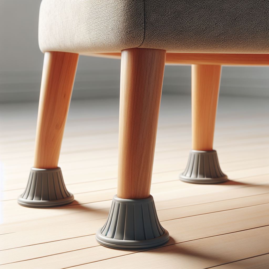 Close-up of chair leg floor protectors in various sizes and colors, showcasing their cushioning material and round shapes.