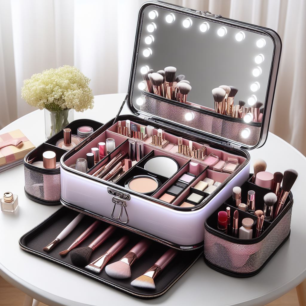 360° rotating cosmetic organizer with LED mirror, featuring multiple compartments for makeup and skincare storage.