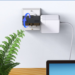 Flat outlet adapters with two and three-prong plug slots, designed for tight spaces, shown plugged into a wall outlet.