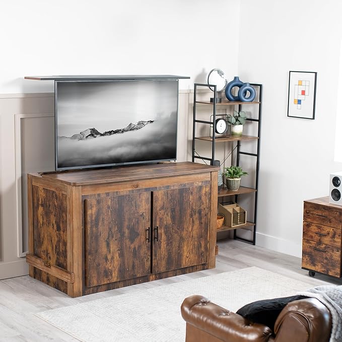 A sleek, motorized TV stand with a mounted flat-screen TV, remote control, and hidden wheels for easy mobility in a modern living room.