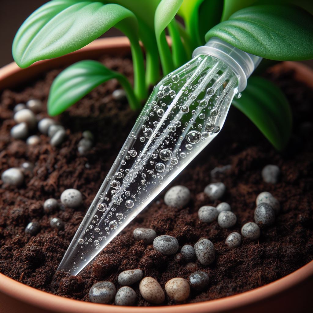 Close-up of plant self-watering spikes inserted into soil, slowly releasing water to keep plants hydrated, with green foliage in the background.