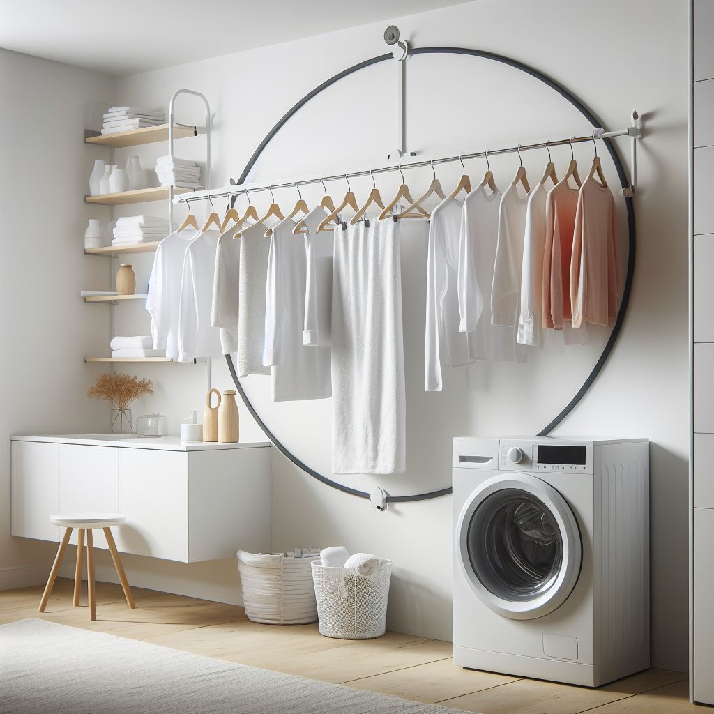 Image of a retractable clothesline mounted on a wall, with multiple lines extended, ready for hanging laundry outdoors.