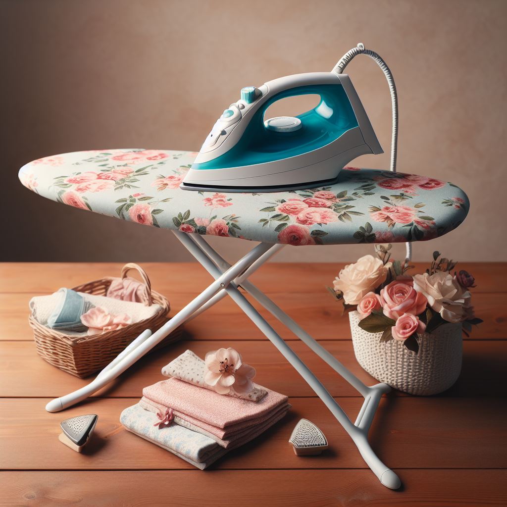 Compact ironing board with collapsible legs, blue cover, and white frame, perfect for small spaces and easy storage.