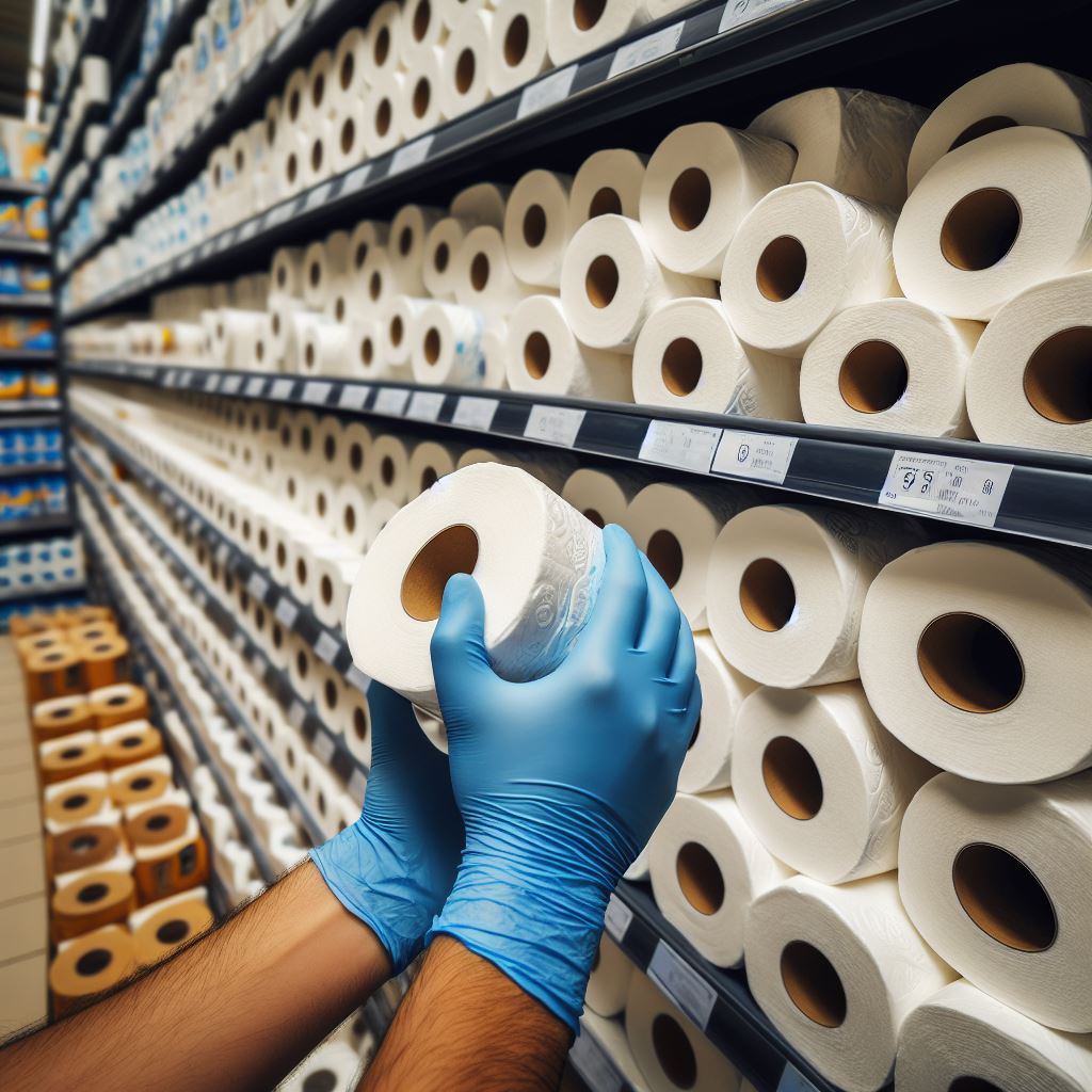 A well-organized shelf stocked with neatly arranged rolls of toilet paper in a store or storage area.