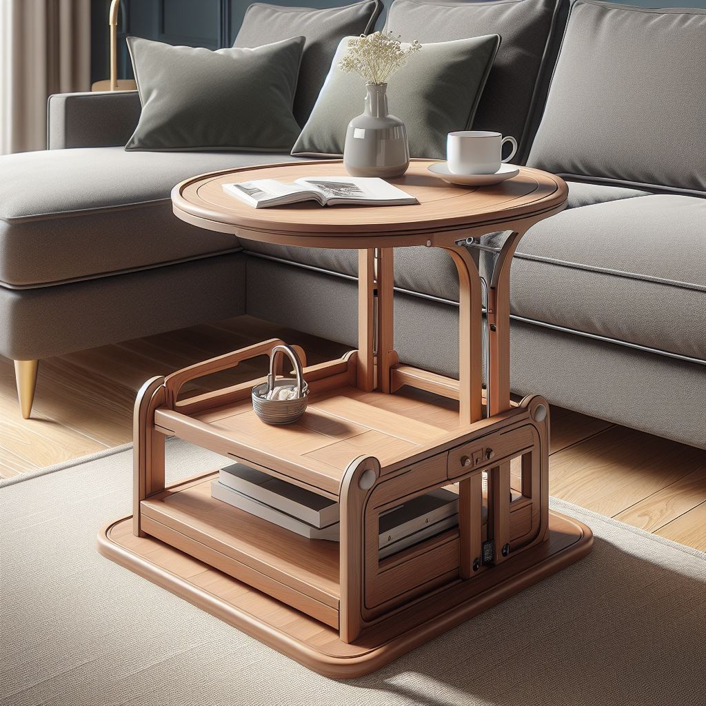 Modern under-seating side table with integrated power outlets and USB ports, perfect for charging devices discreetly.