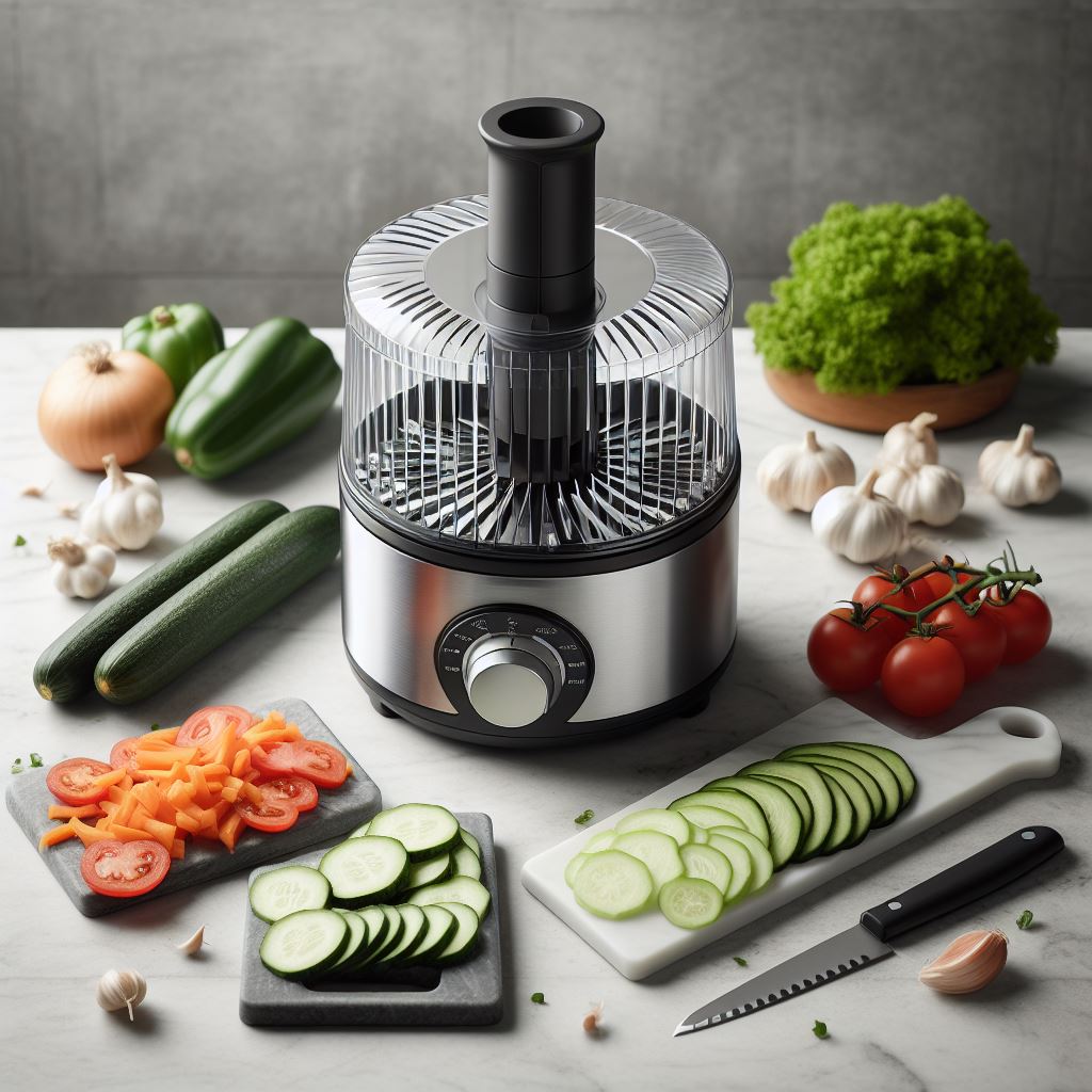 A vegetable chopper with a clear container, green lid, and sharp blades, used for quickly dicing and slicing vegetables.