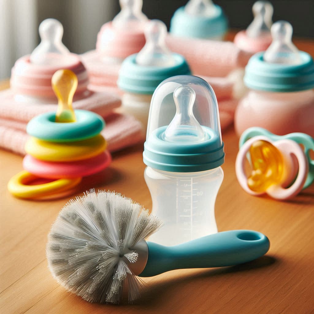 A baby bottle cleaning brush with a soft bristle head, ergonomic handle, and a built-in nipple cleaner at the base.