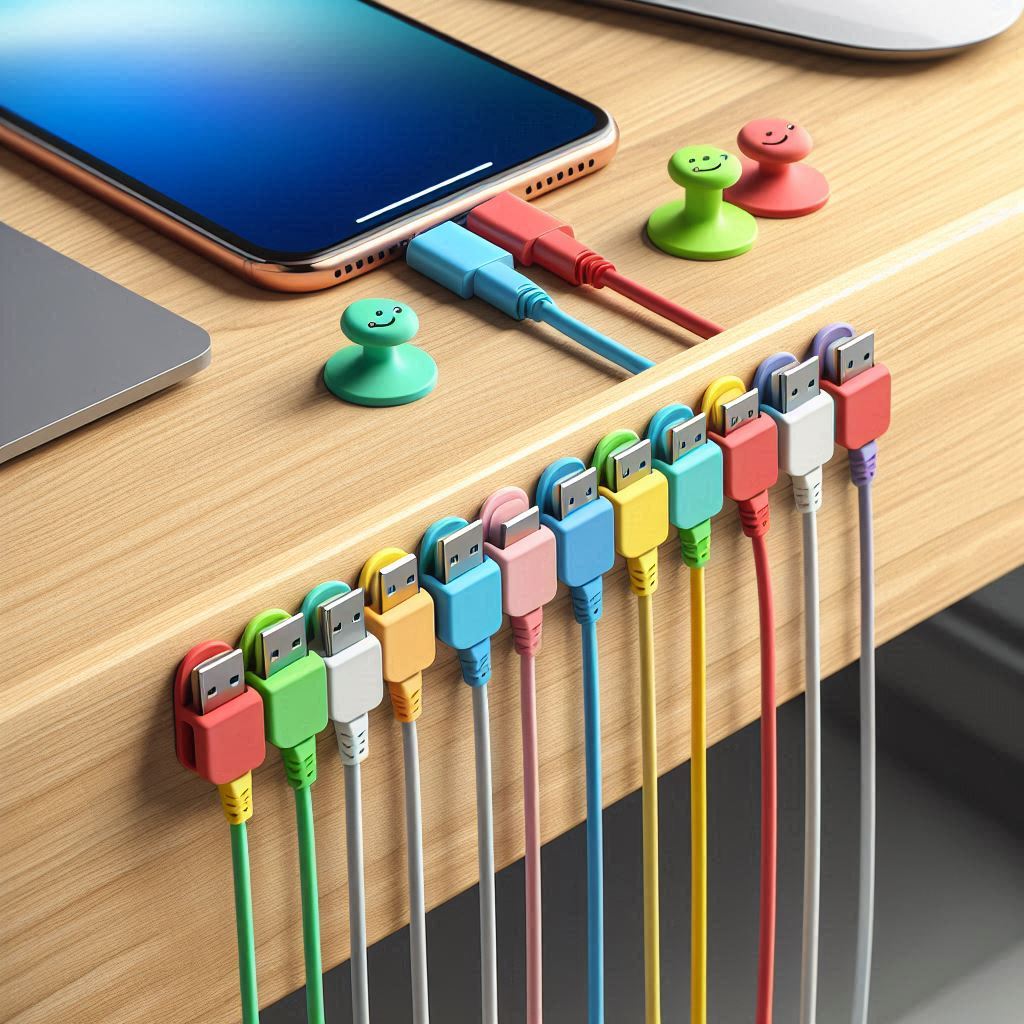 Magnetic cable clips neatly organizing multiple cables on a desk, holding them in place against a sleek, metallic surface.