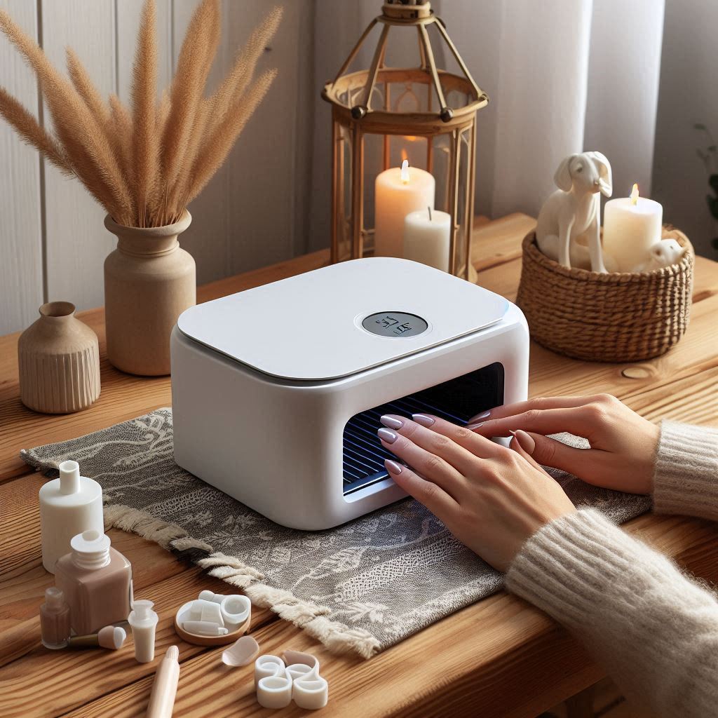 A sleek, modern nail art printer on a table with various colorful nail designs displayed around it. The printer is in the process of applying a detailed floral design onto a user's fingernail, showcasing the precision and intricate patterns it can create. The surrounding area is well-lit, highlighting the vibrant colors and the printer's advanced technology.