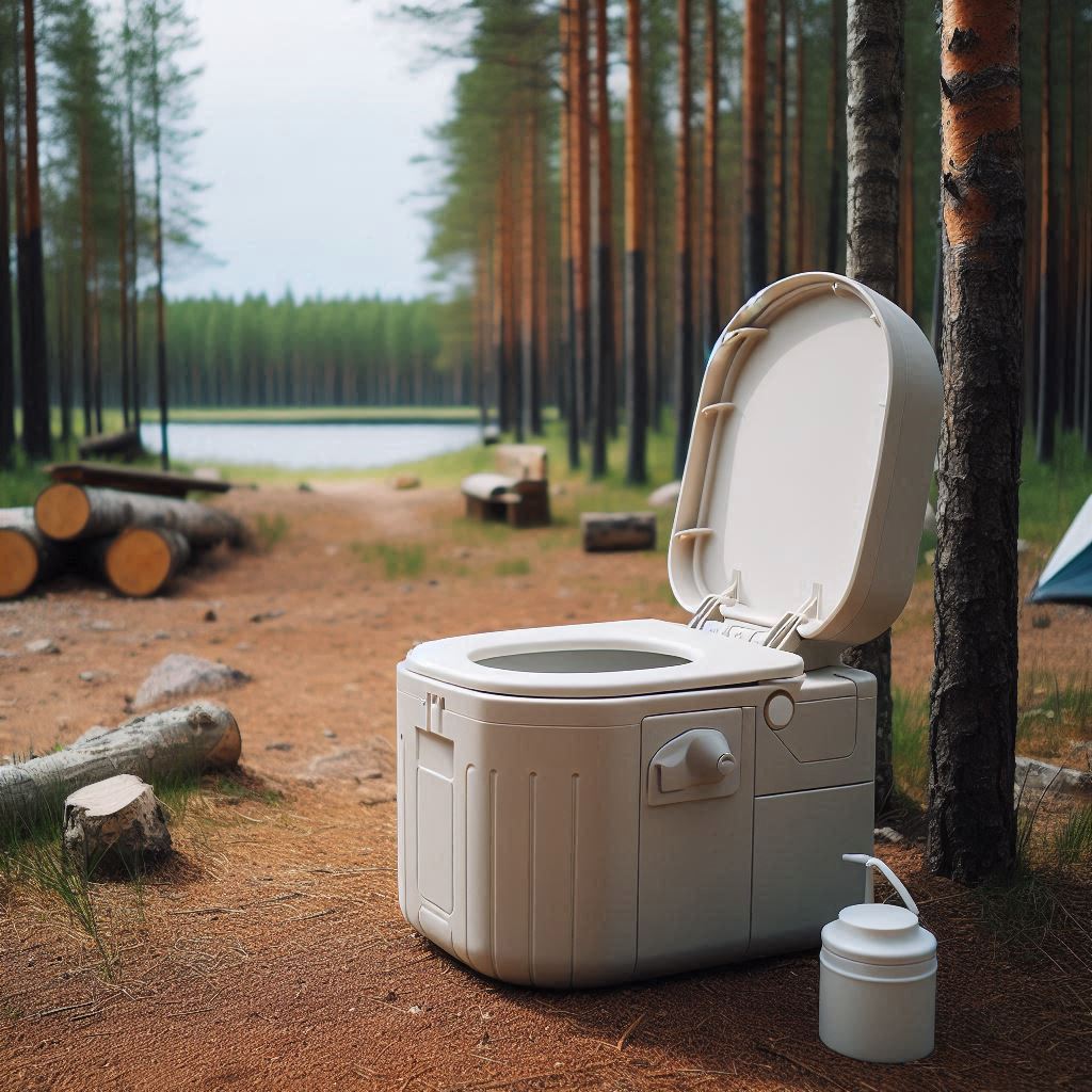 Portable camping toilet with seat and lid, ideal for camping.