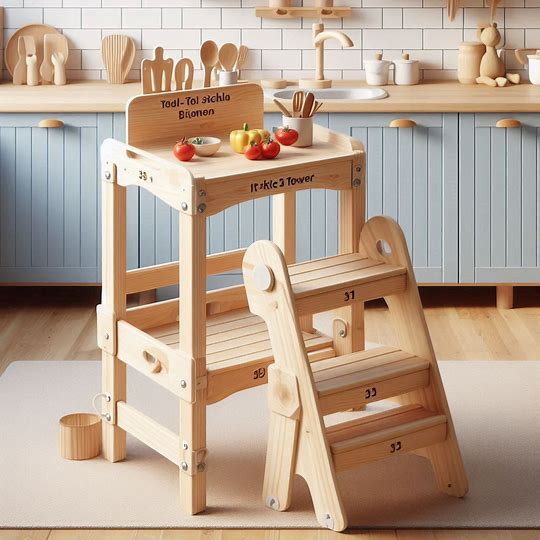 A wooden 3-in-1 foldable kitchen tower for toddlers, shown as a step stool. Ideal for kids to safely reach countertops and tables.