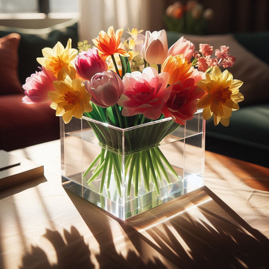 Clear acrylic flower vases of varying heights on a white background, elegantly displaying vibrant flowers in minimalist style.