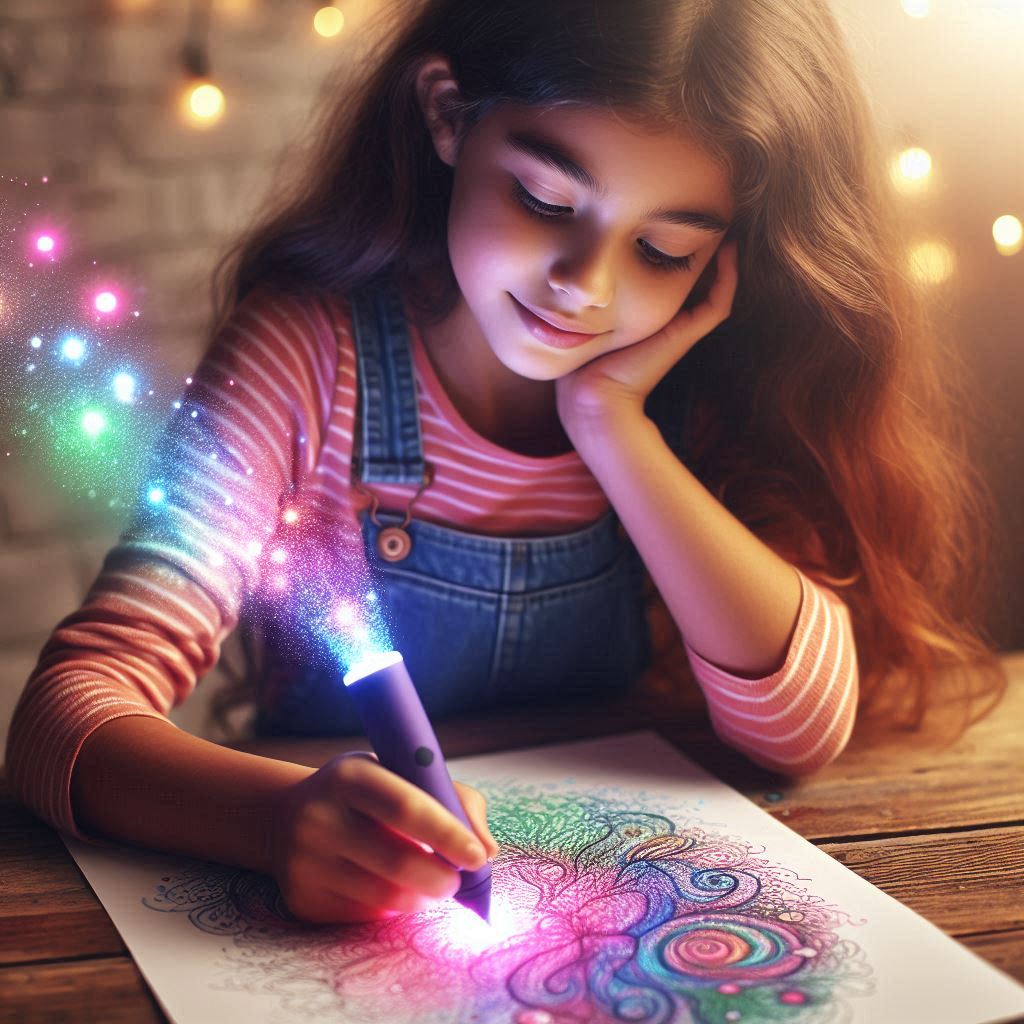 A child paints with the Color Wonder Magic Light Brush, which illuminates in various colors, with mess-free creativity on display.