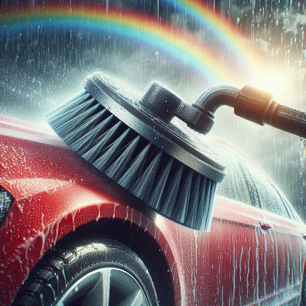 A rotating car wash brush with blue bristles, spinning and cleaning the side of a car, water and soap suds covering the surface.