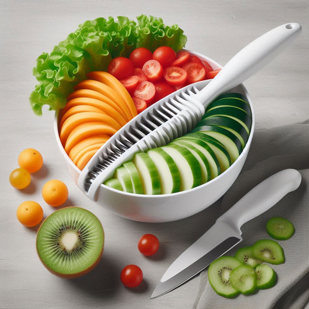 A white plastic salad cutter bowl with a slotted lid and a green base, designed for quickly chopping vegetables into bite-sized pieces.