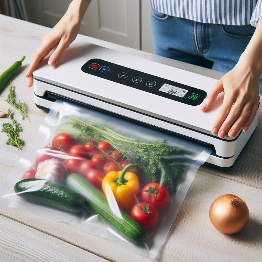 A sleek vacuum sealer on a kitchen counter, sealing a plastic bag of fresh vegetables, with neatly stored food in the background.