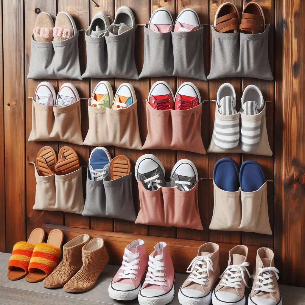 A door-hanging shoe rack with multiple pockets, neatly holding various pairs of shoes in an organized vertical arrangement.