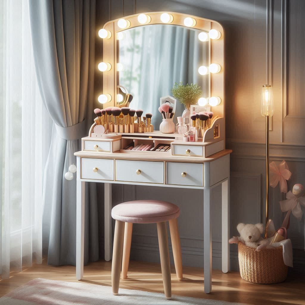 A compact makeup vanity with a mirror, featuring a sleek design, small drawer, and stylish stool, perfect for limited spaces.