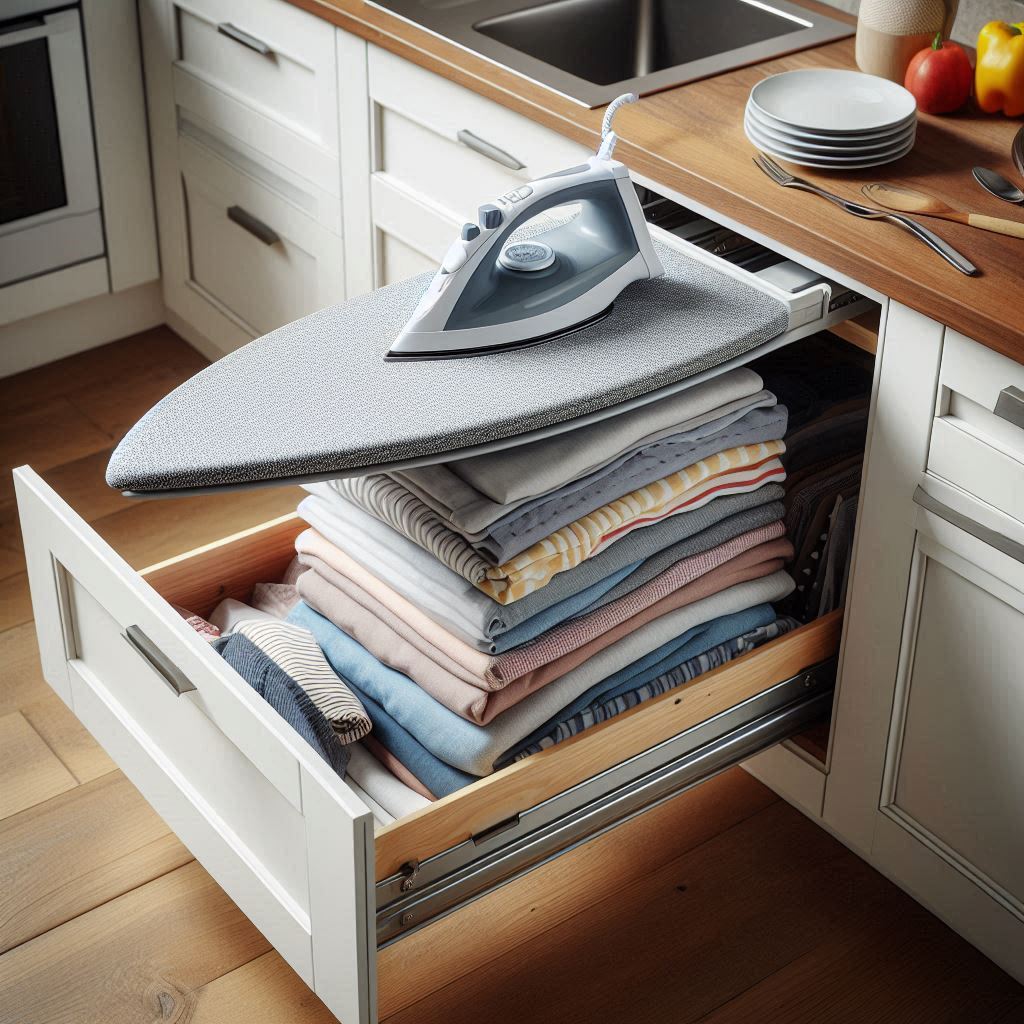 A sleek pull-out folding ironing board integrated into a drawer, extended and ready for use, with a minimalist, space-saving design.